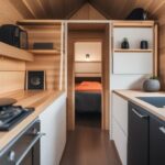 A high-quality image of a modern prefab tiny house with a clean and minimalist design