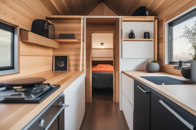 A high-quality image of a modern prefab tiny house with a clean and minimalist design