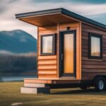 A picture of a tiny house parked on a piece of land with a beautiful landscape in the background.