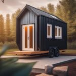 An image of a completed tiny house on a piece of land with surrounding nature.