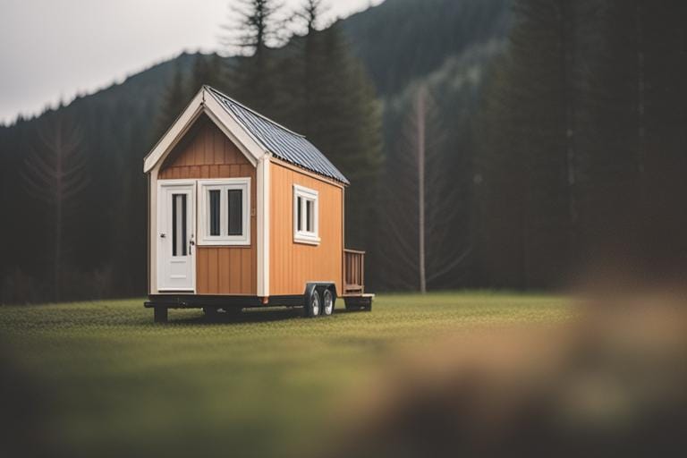 An image of a small but well-designed and cozy tiny house situated on a spacious piece of land with