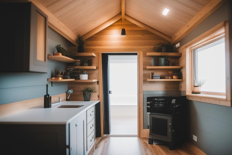 Use of natural light and color to create a sense of space in a tiny house.