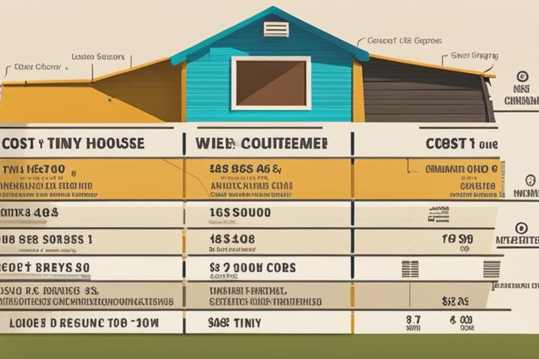 An image of a well-designed tiny house with a cost breakdown chart overlaid