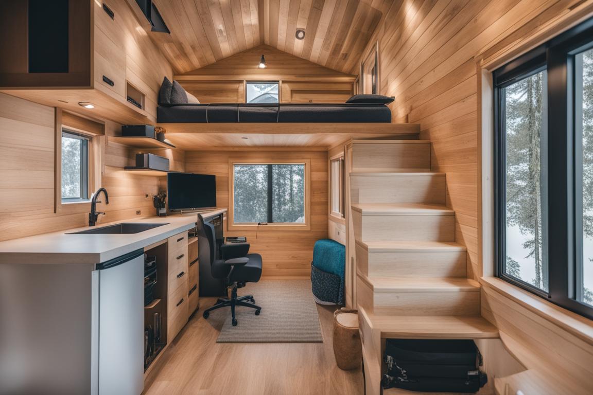 The image should showcase a beautifully designed and well-organized tiny house interior