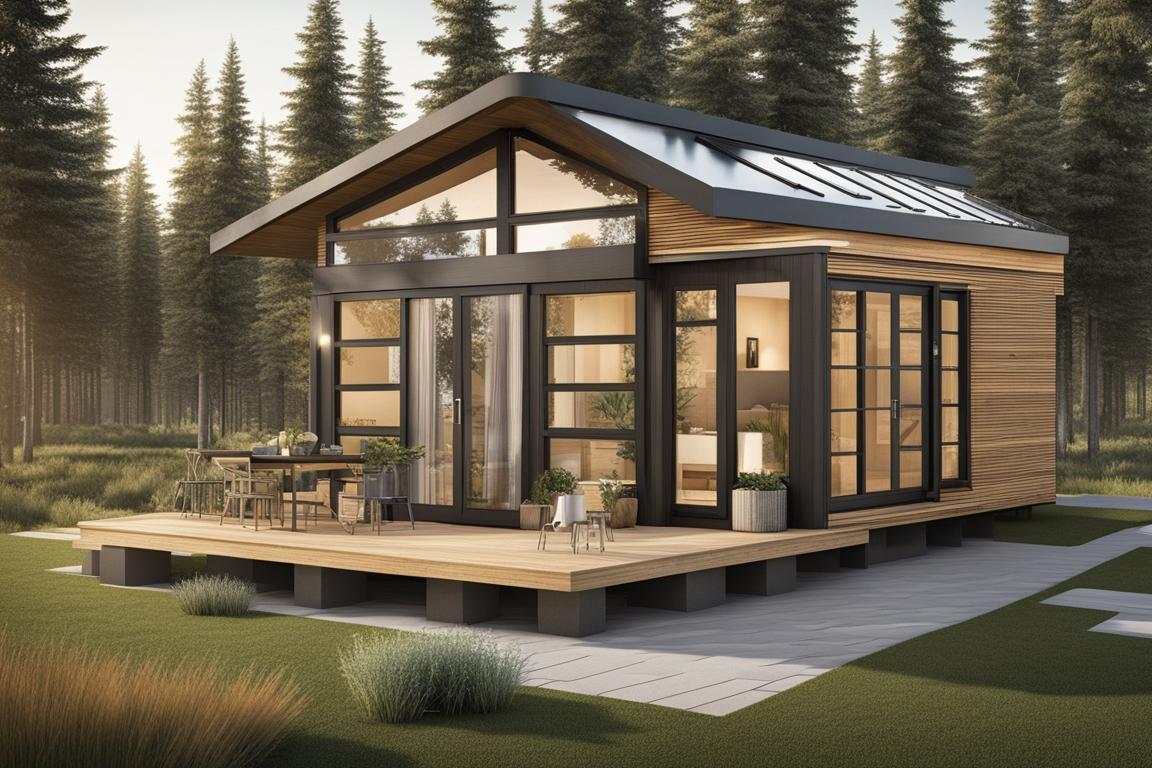 An image of a modern tiny house community showcasing the integration of sustainable energy systems