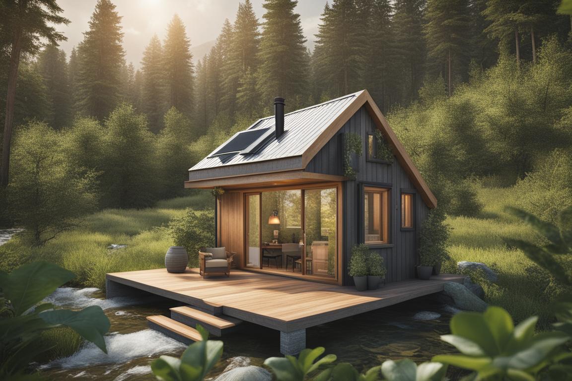 An image of a serene landscape with a tiny house nestled in nature