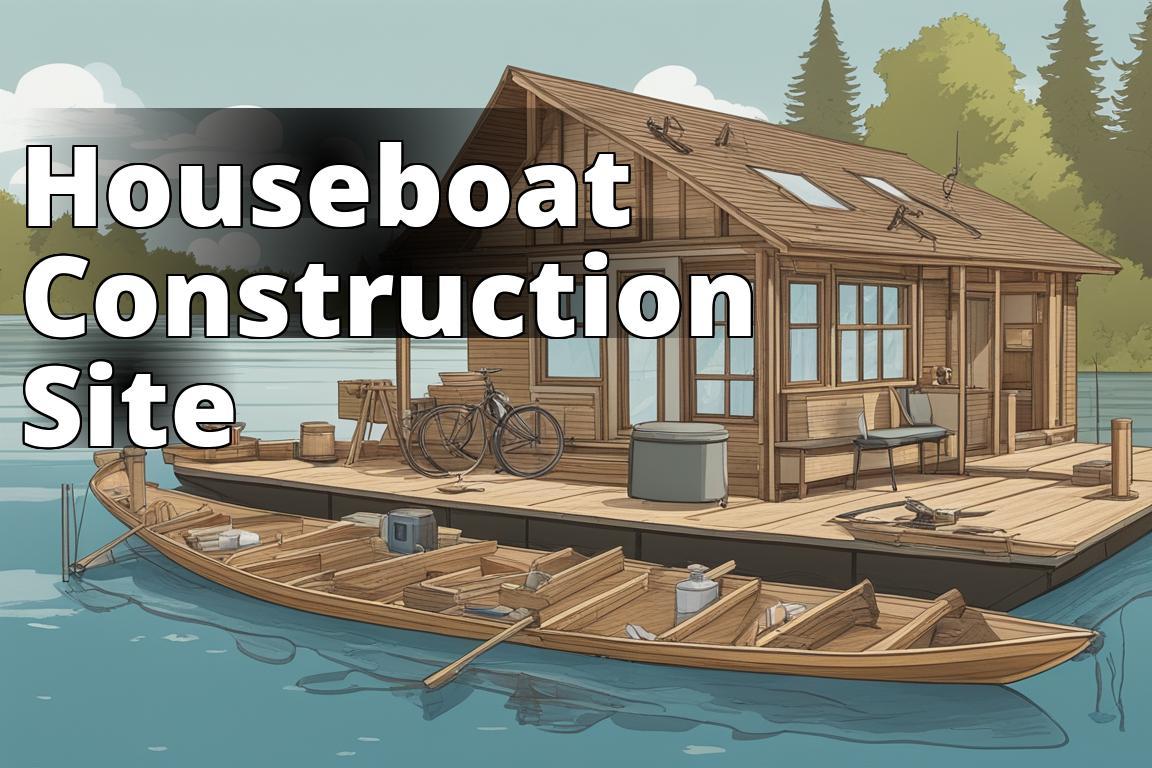 A serene river or lake with a houseboat under construction