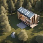 An aerial view of a tiny house nestled on a picturesque piece of land surrounded by trees and nature