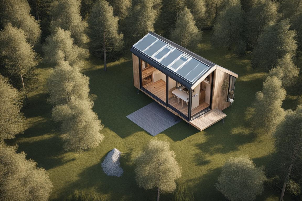 An aerial view of a tiny house nestled on a picturesque piece of land surrounded by trees and nature