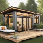 The image should showcase a tranquil outdoor living space surrounding a tiny house