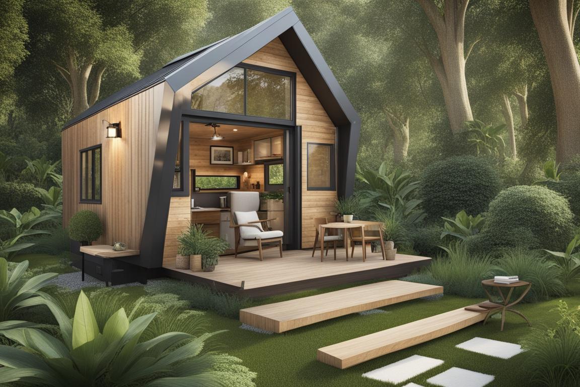 A serene image of a tiny house nestled amongst lush greenery