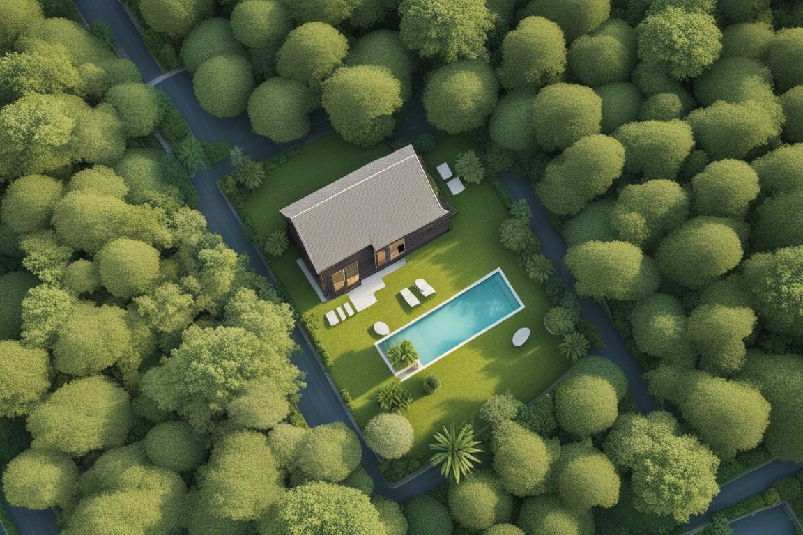 An aerial view of a serene piece of land with lush greenery