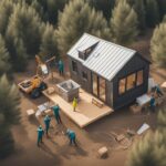 An aerial view of a tiny house being placed on a piece of land
