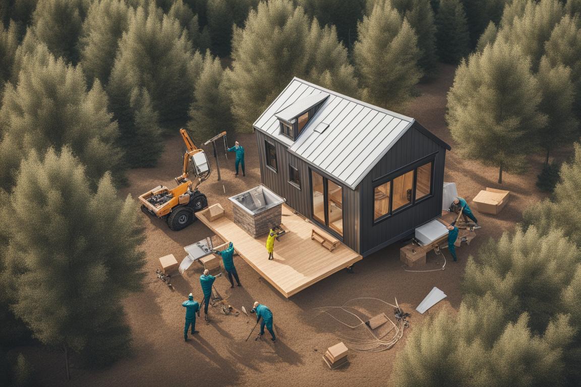 An aerial view of a tiny house being placed on a piece of land