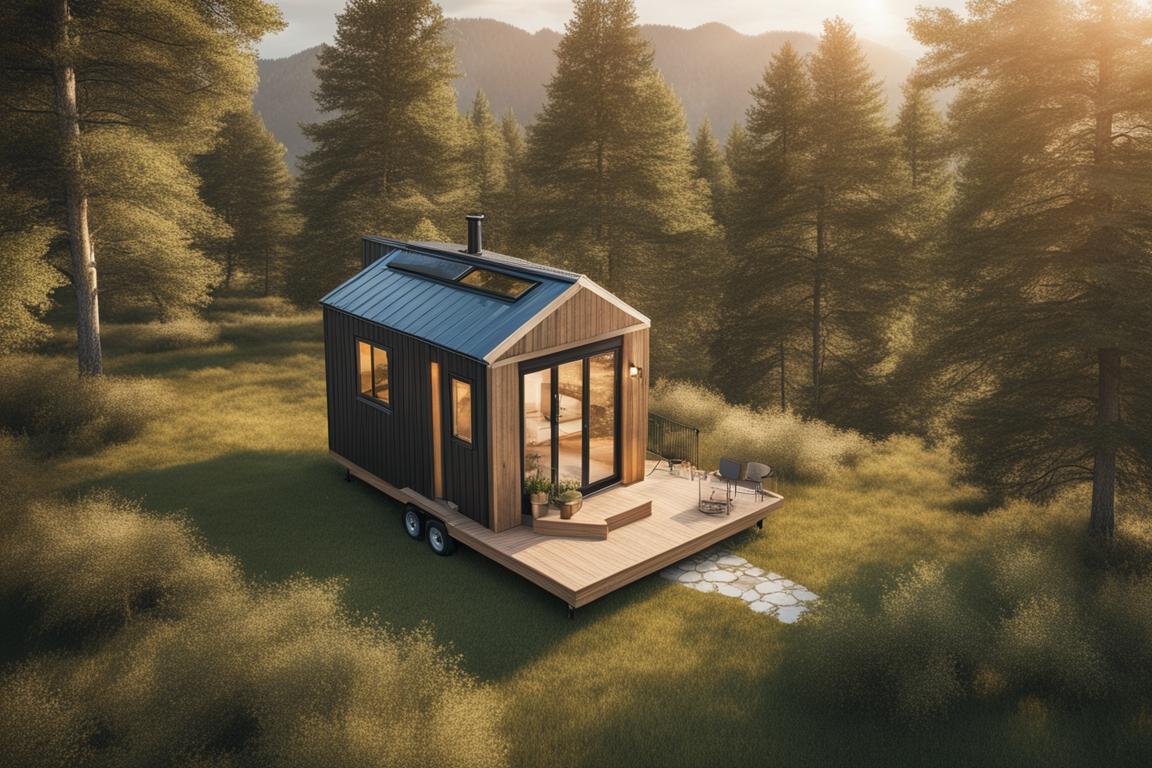 An aerial view of a tiny house nestled on a piece of serene land