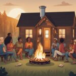 An image of a diverse group of people gathered around a bonfire in a tiny house community