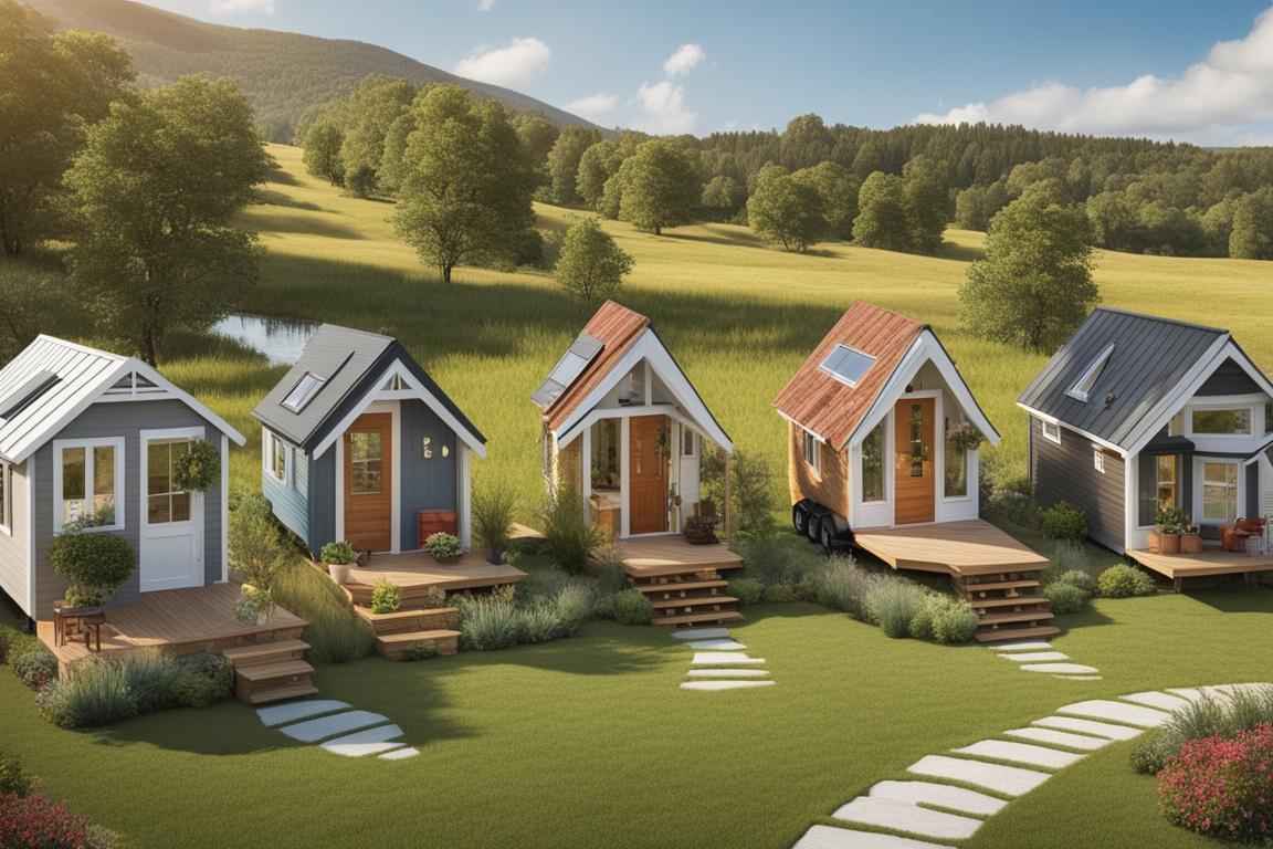 An image of a diverse group of tiny houses nestled in a picturesque setting with a sense of communit