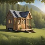 An image of a serene and picturesque landscape with a tiny house nestled among trees