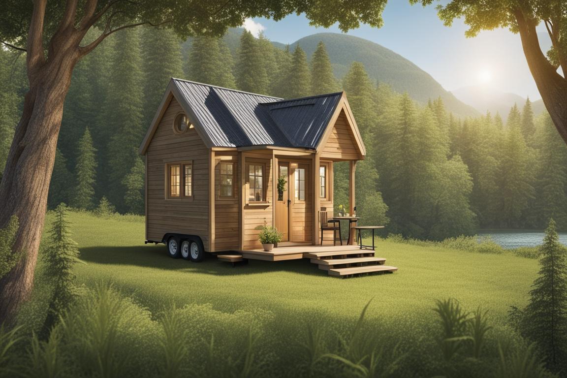 An image of a serene and picturesque landscape with a tiny house nestled among trees
