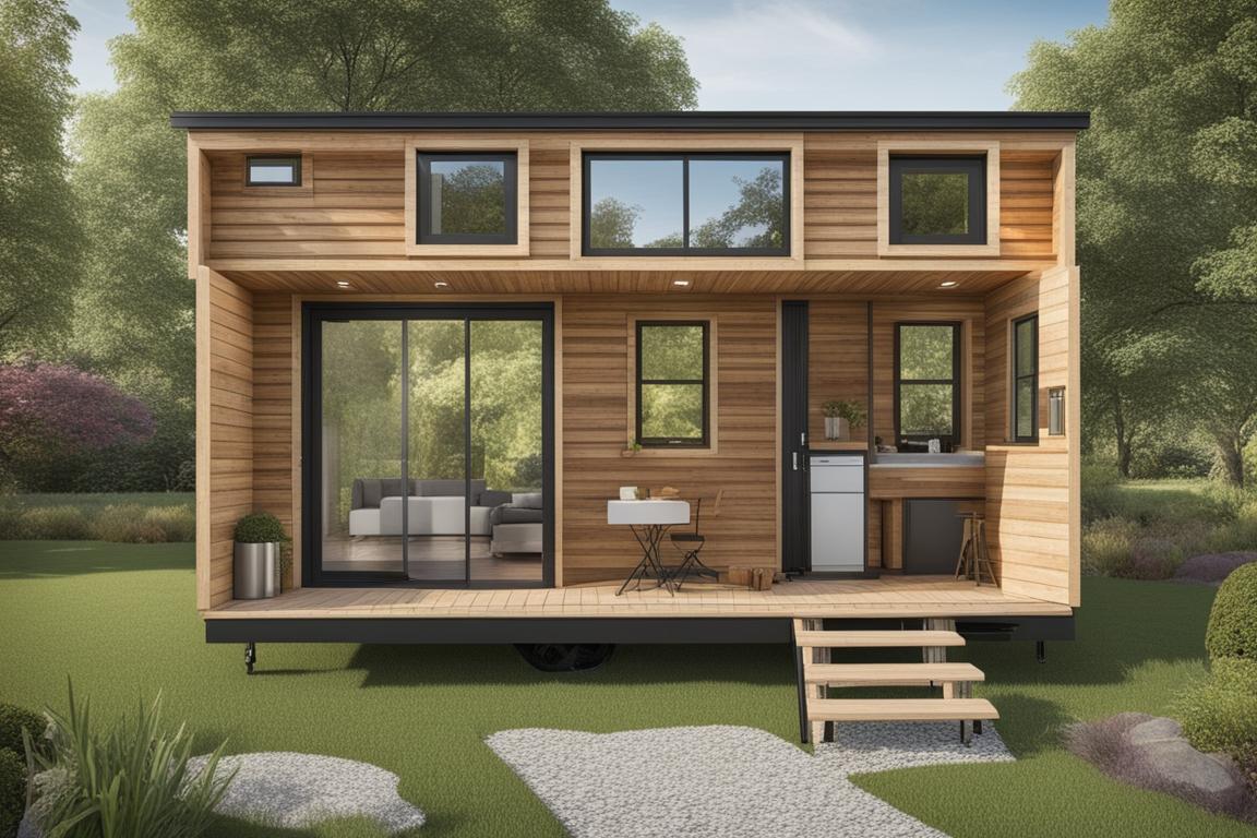 The image should showcase a beautiful tiny house nestled on a piece of land surrounded by nature
