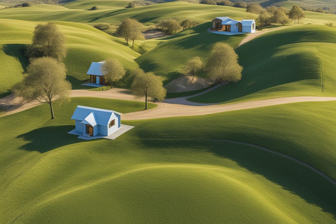 An aerial view of a serene piece of land with rolling hills and clear blue skies