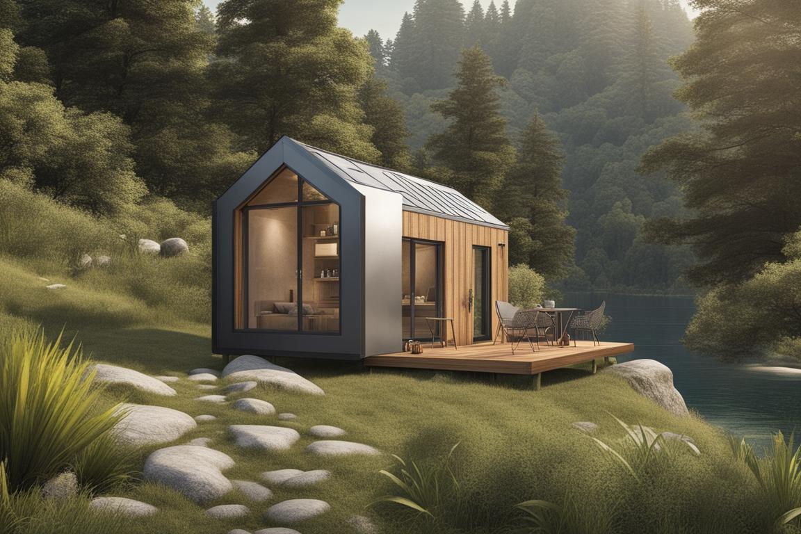 The image should depict a serene landscape with a tiny house nestled among nature