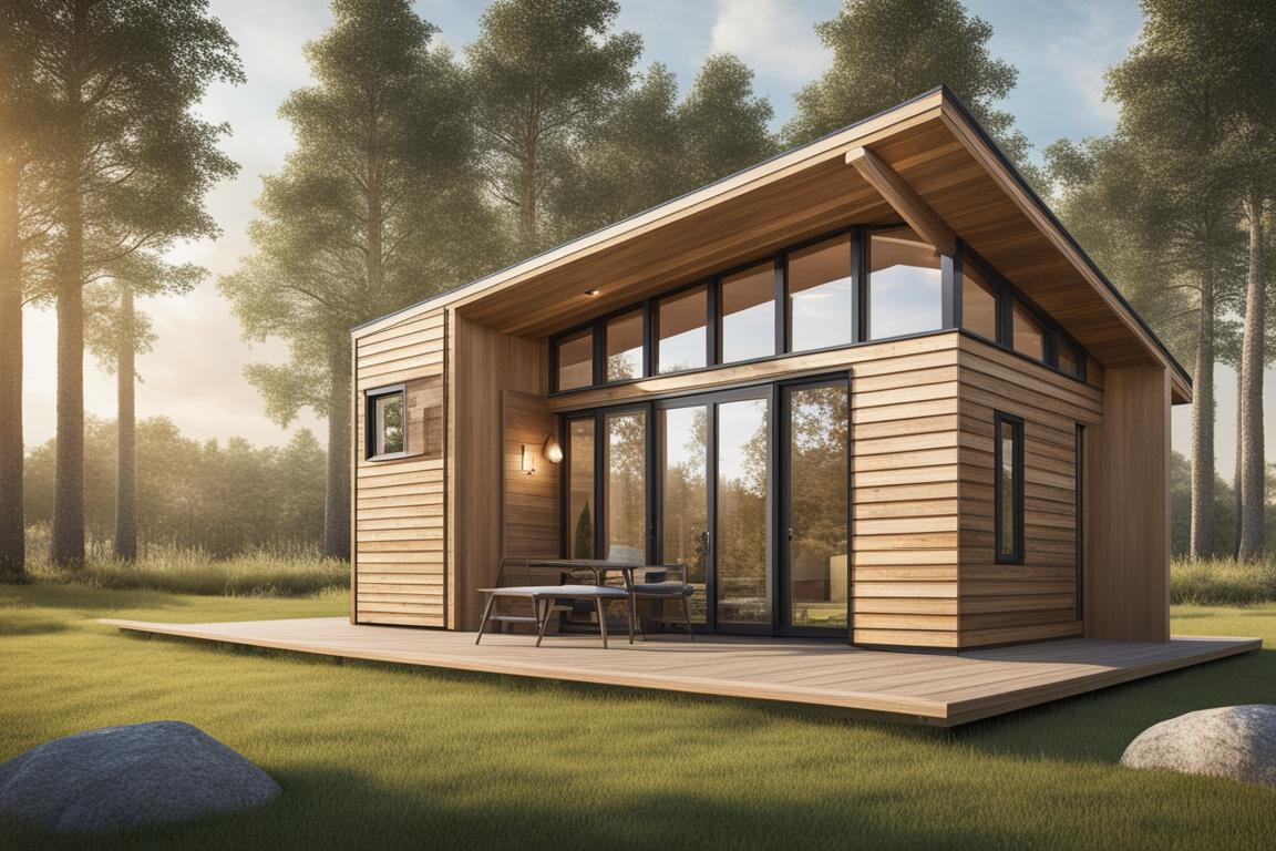 A serene image of a completed tiny house on a picturesque plot of land