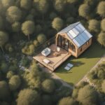 An aerial view of a serene piece of land with a tiny house nestled among nature