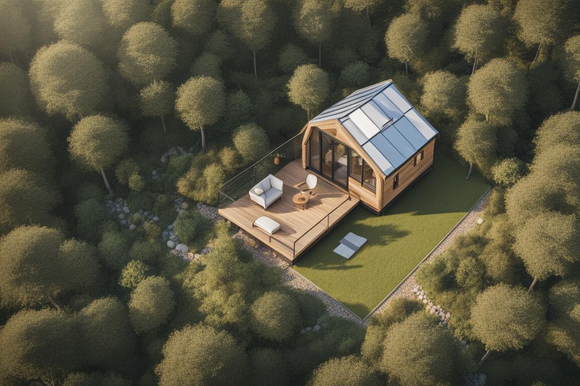 An aerial view of a serene piece of land with a tiny house nestled among nature