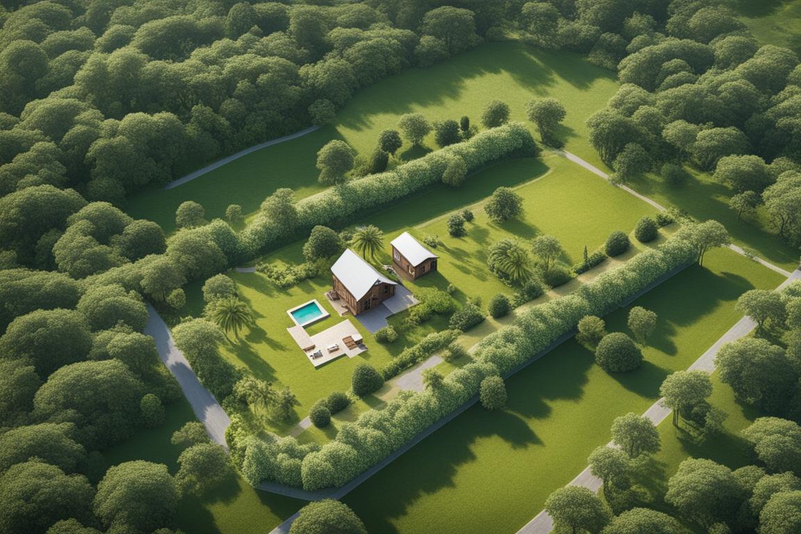An aerial view of a serene piece of land with lush green surroundings