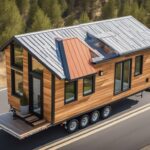 An aerial view of a tiny house being transported on a truck along a scenic road