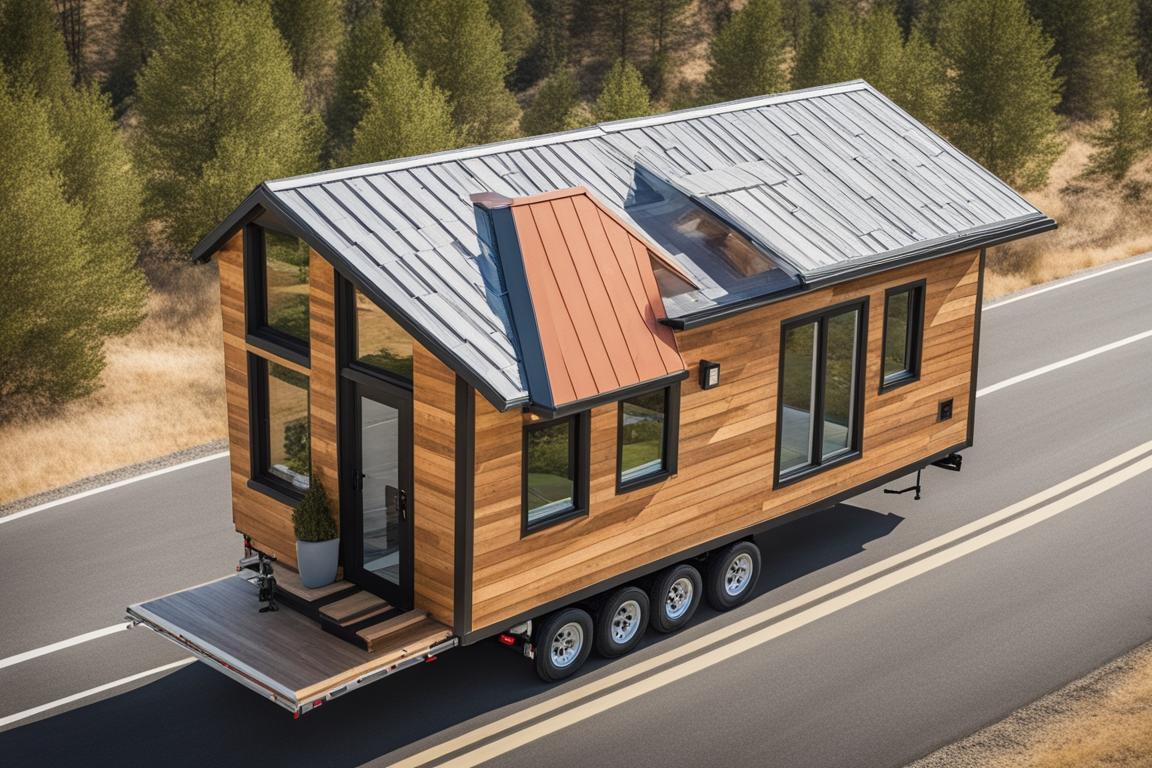 An aerial view of a tiny house being transported on a truck along a scenic road