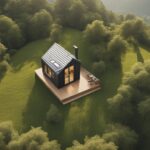 An aerial view of a tiny house nestled in a picturesque natural setting