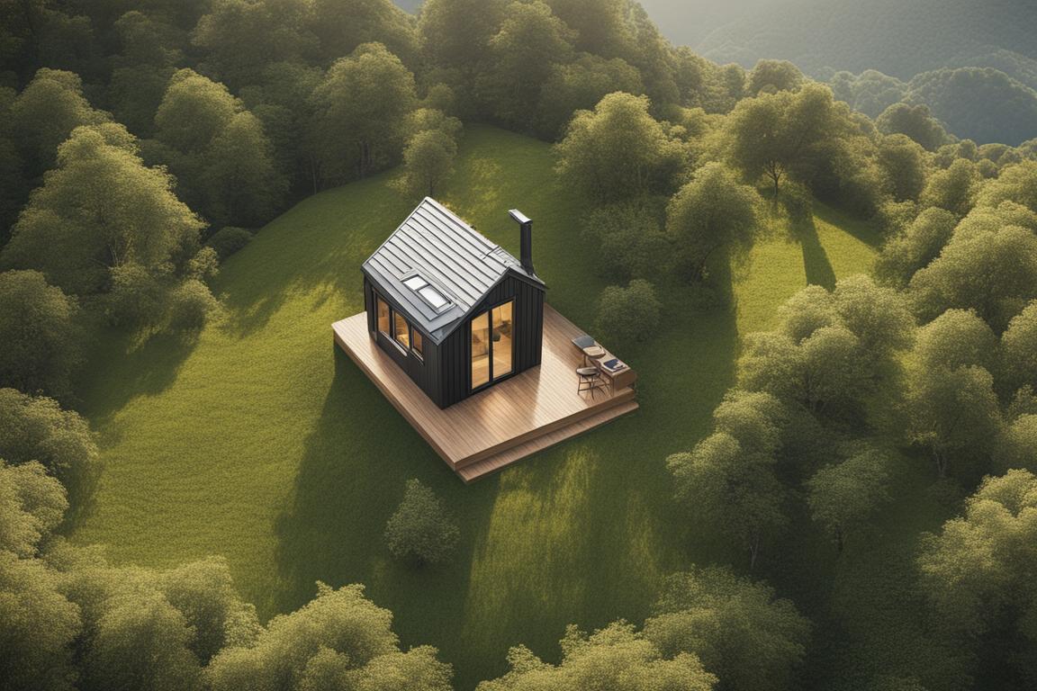 An aerial view of a tiny house nestled in a picturesque natural setting