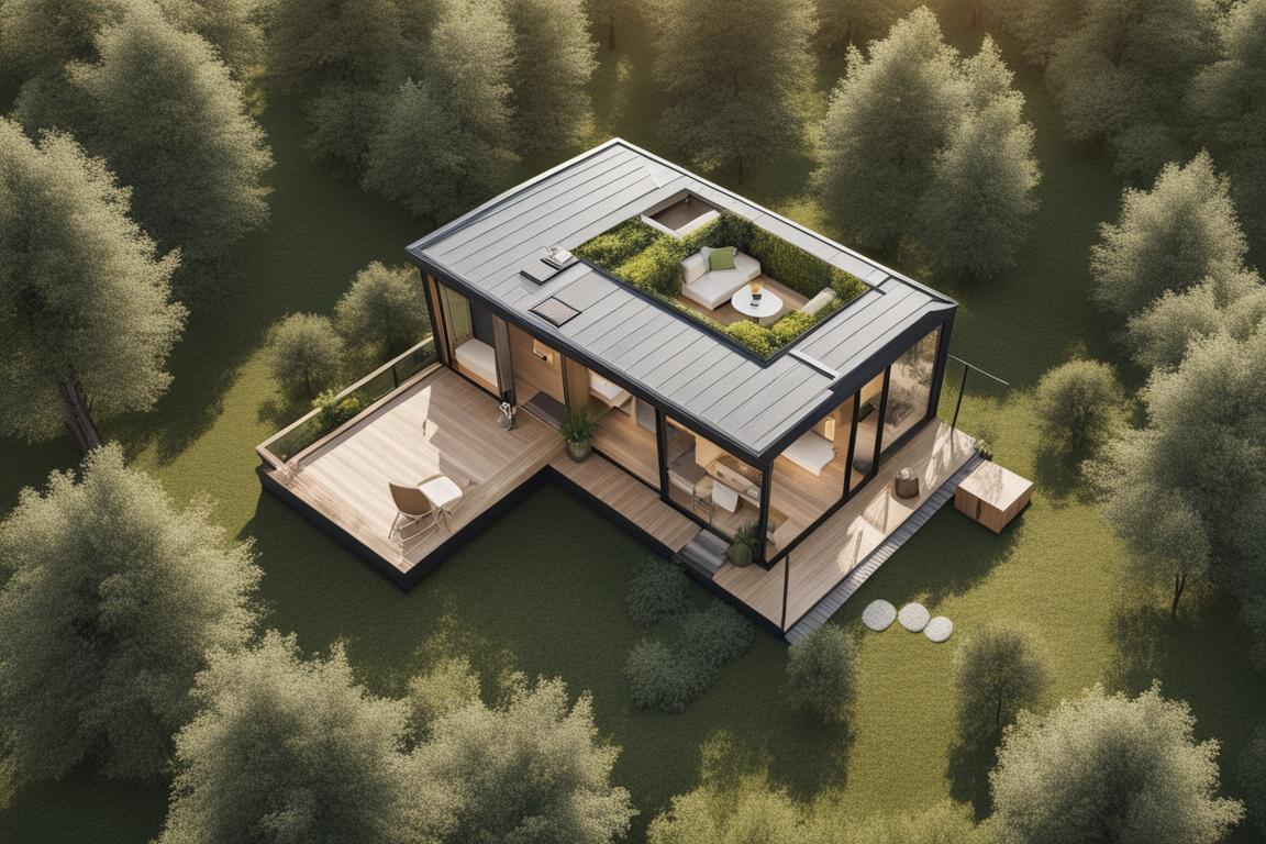 An aerial view of a well-designed tiny house surrounded by nature