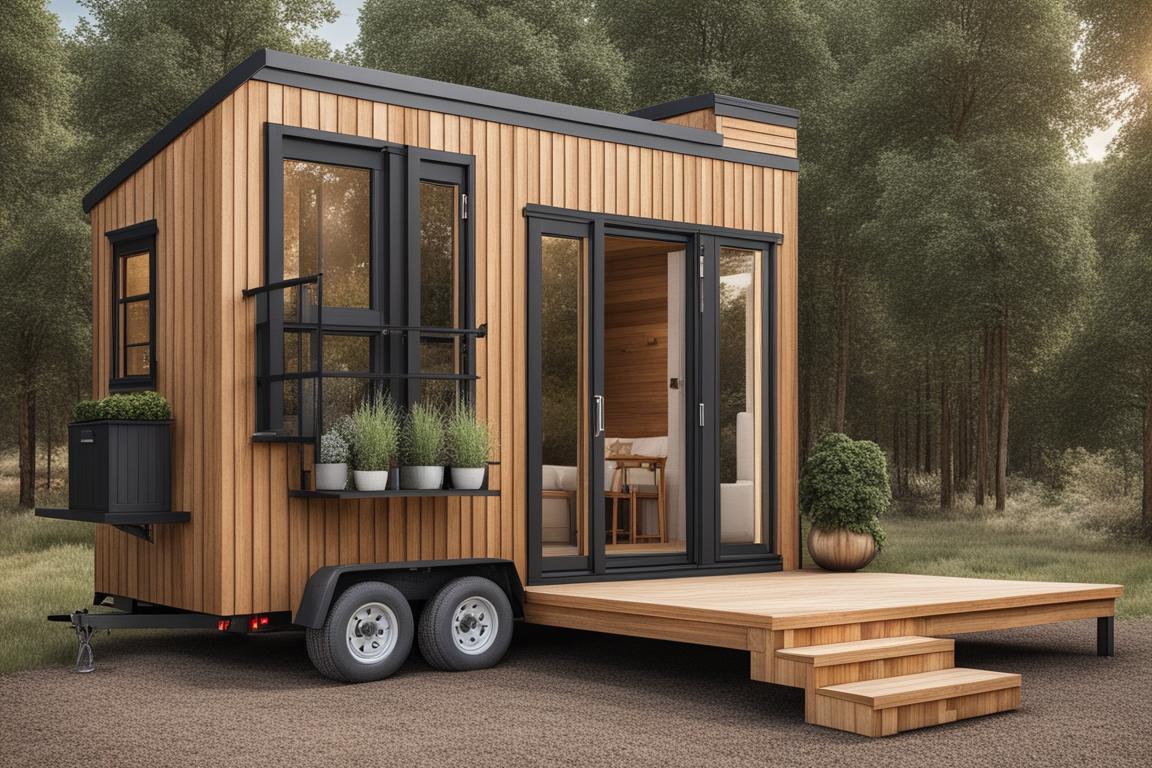 An image of a well-organized and aesthetically pleasing tiny house parked on a piece of land