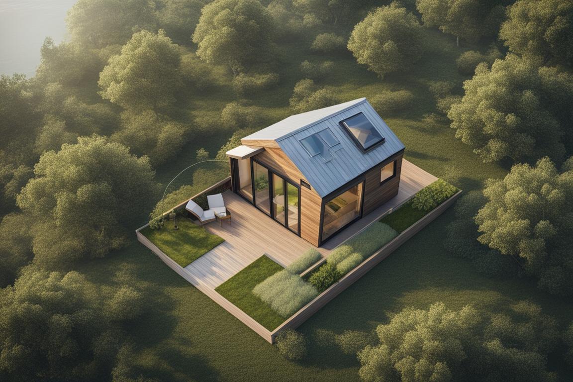 An aerial view of a serene piece of land with a tiny house nestled among nature