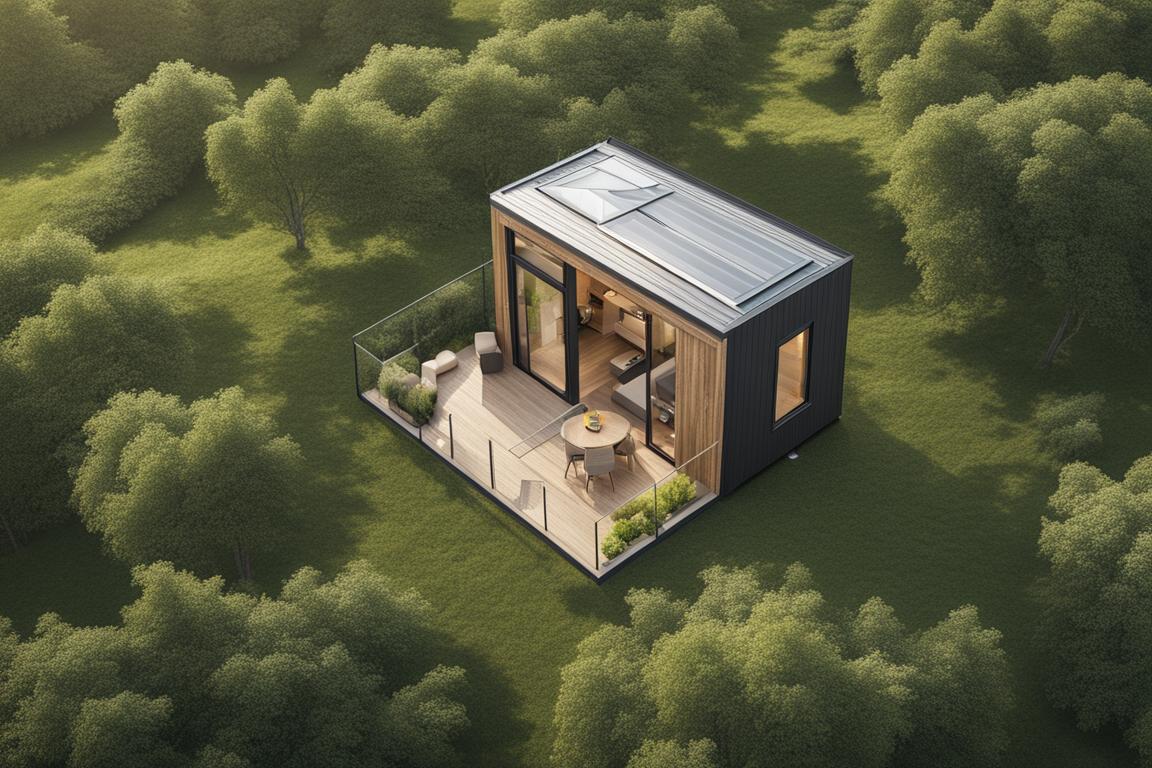 An aerial view of a tiny house surrounded by a lush green landscape