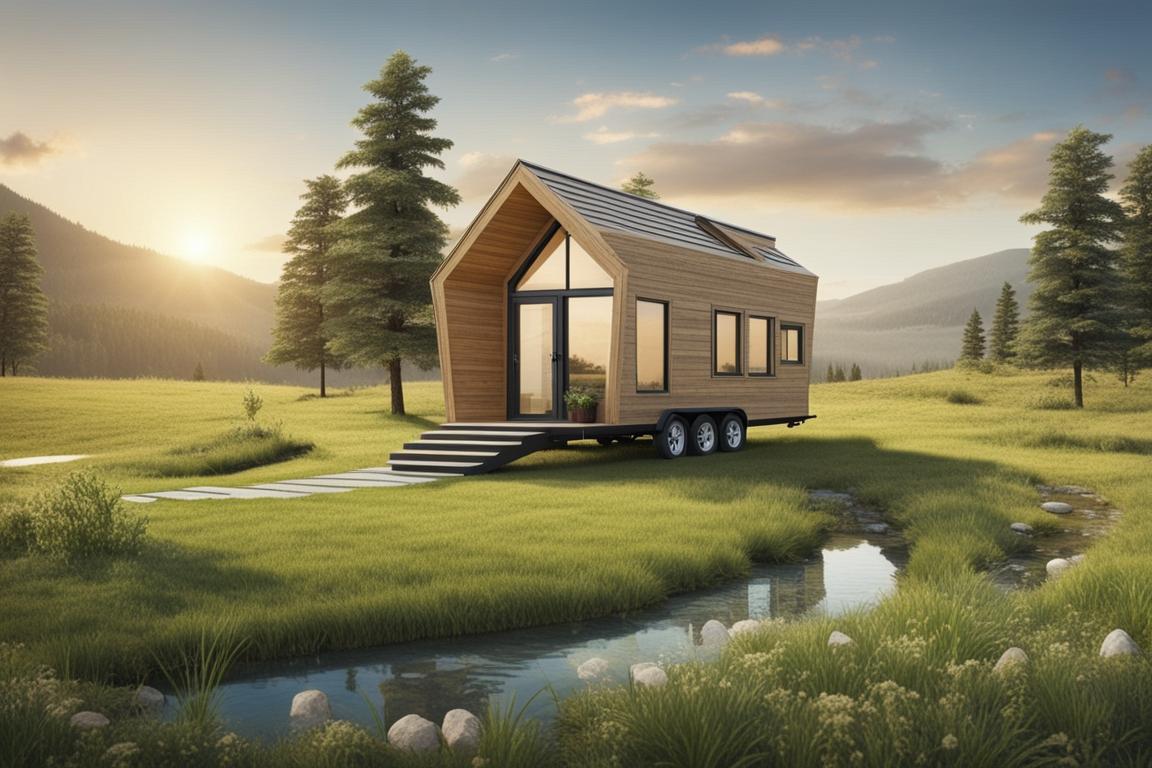 An image of a serene piece of land with a tiny house placed on it