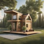 A panoramic image showing a tiny house nestled in a serene natural setting