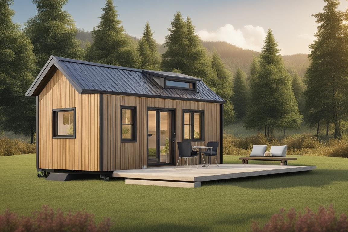 A serene image of a picturesque tiny house nestled on a piece of land surrounded by nature