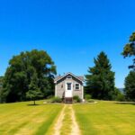 A serene landscape showcasing a tiny house nestled among trees on a plot of land