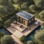 An aerial view of a beautifully landscaped tiny house on land