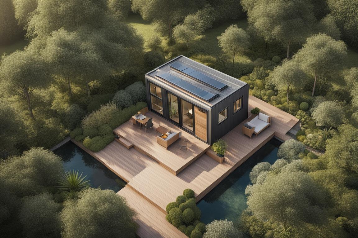 An aerial view of a beautifully landscaped tiny house on land