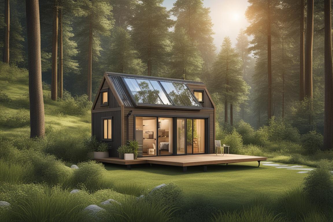 An image of a serene landscape with a tiny house nestled among trees and greenery