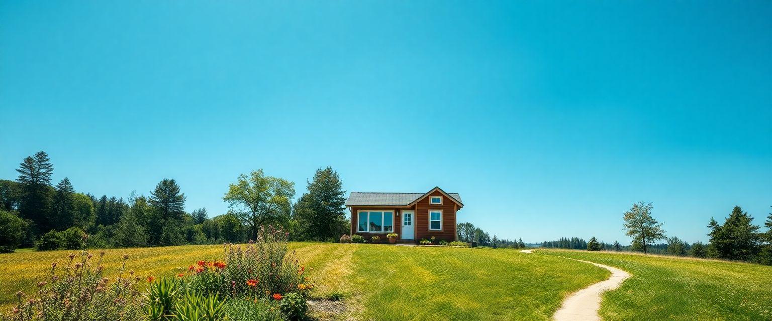 A picturesque landscape featuring a cozy tiny house nestled among trees