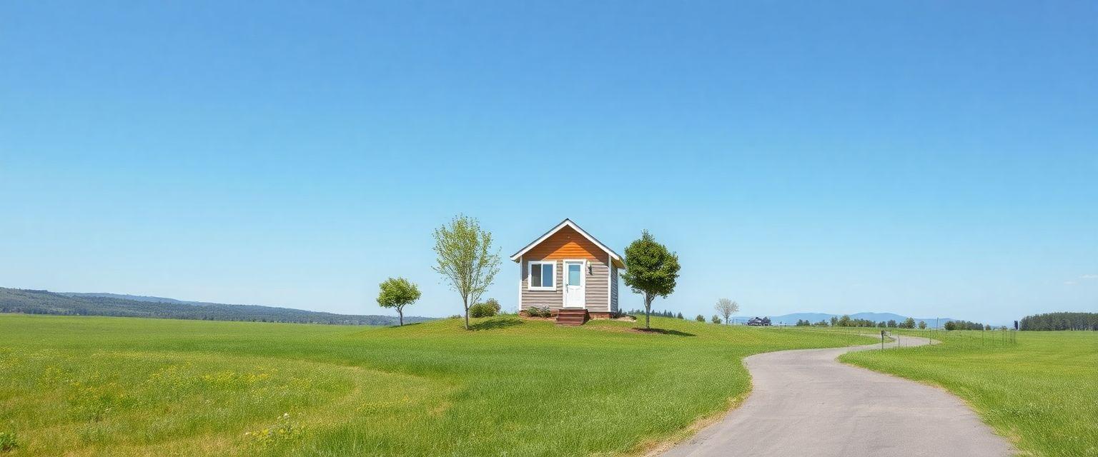 A picturesque landscape featuring a tiny house nestled on a small plot of land surrounded by nature