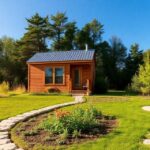 A picturesque scene of a tiny house nestled on a piece of land surrounded by trees