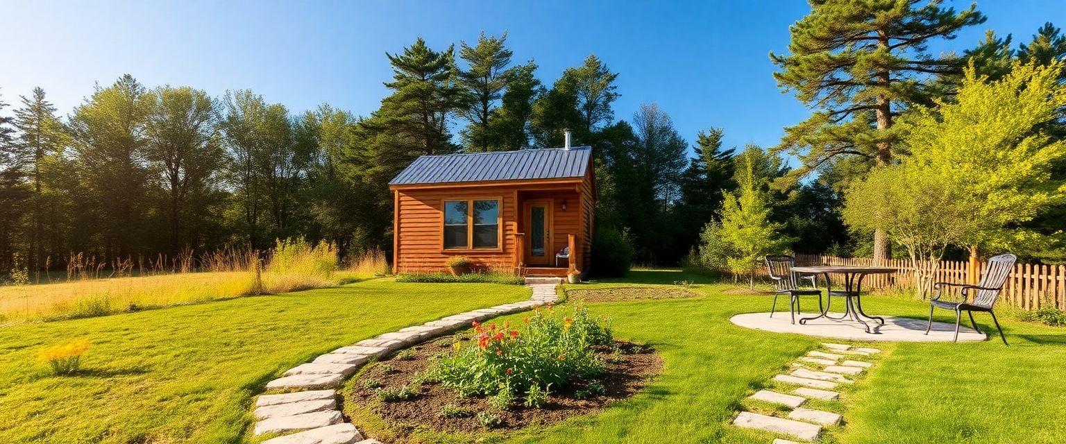 A picturesque scene of a tiny house nestled on a piece of land surrounded by trees