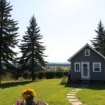 A serene landscape featuring a cozy tiny house nestled among tall trees